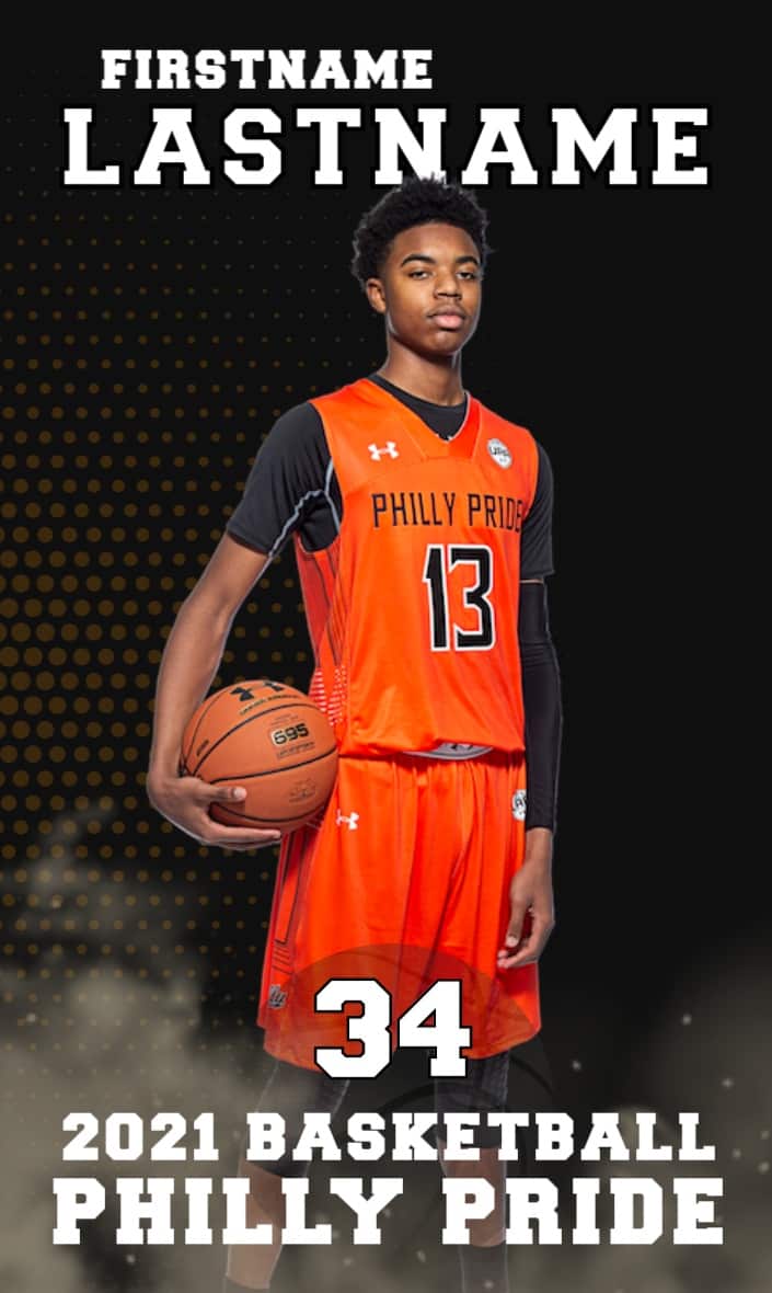 Basketball player banner design with photo name number year sport and team text