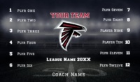 Football team banner design with team logo, player names and numbers, league, year, and coach name