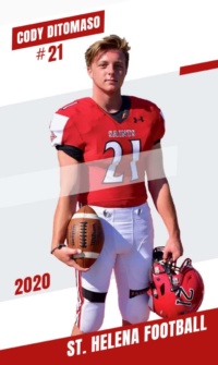 Football player banner design example with athlete photo, name, jersey number, school year, and school name